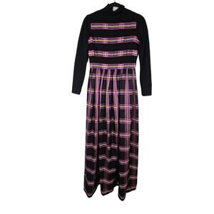 Vintage 70s M Black Striped Maxi Dress Plaid Long Sleeve Glam Retro high Neck